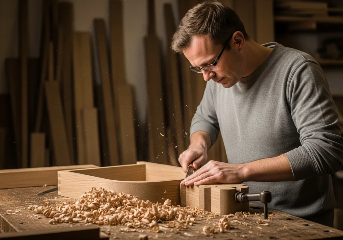 Artisan menuisier BoisCraft Genève travaillant le bois dans l'atelier de Chêne-Bougeries